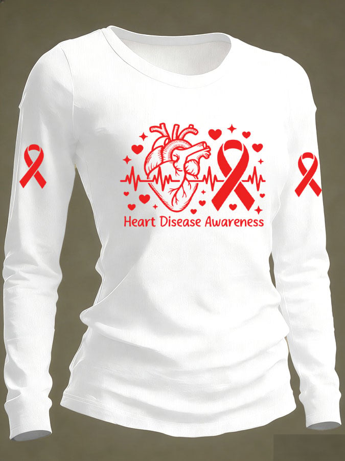 Women's Casual Heart Disease Awareness Print Long-Sleeve T-Shirt