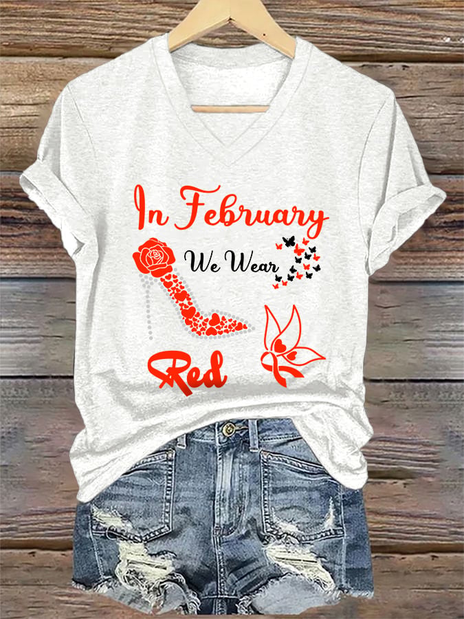 Women's Casual Heart Disease Awareness Printed Short-Sleeve T-Shirt