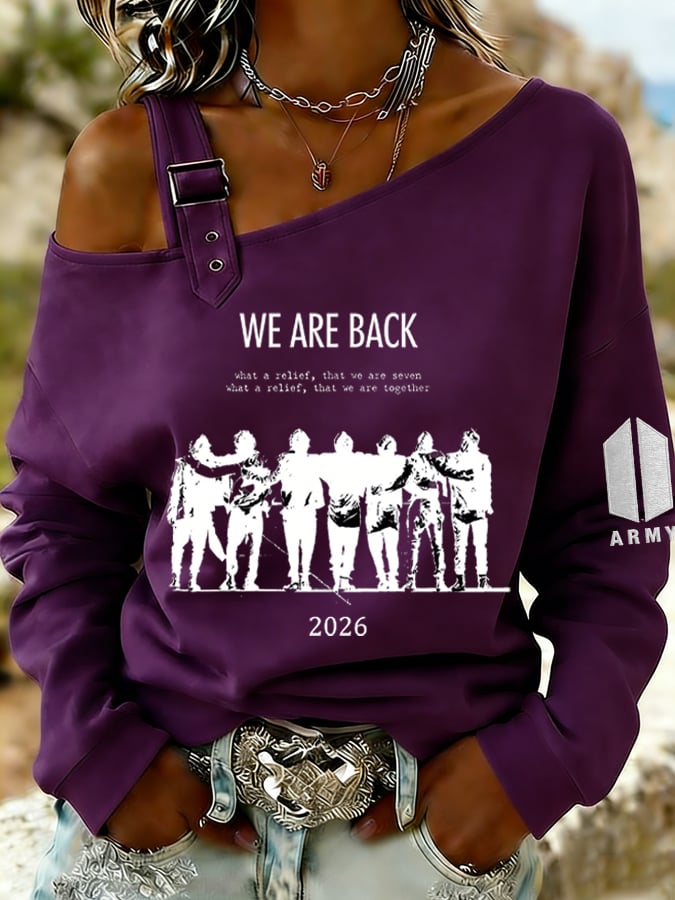 Women's Retro Leisure Print Off-The-Shoulder Sweatshirt