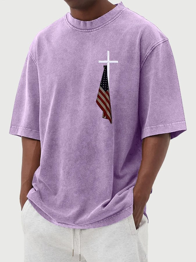 Men's Vintage Flag Cross Print Cotton Washed T-Shirt