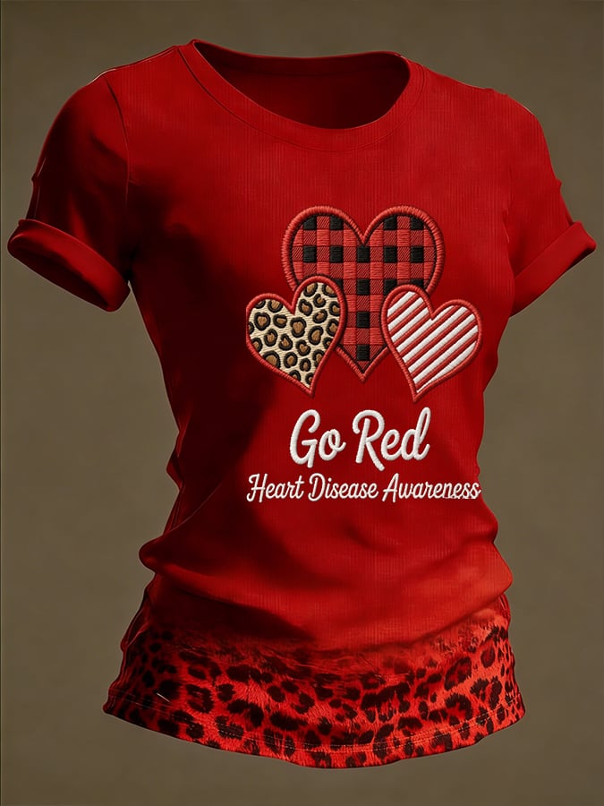 Women's casual red T-shirt with abstract floral art design