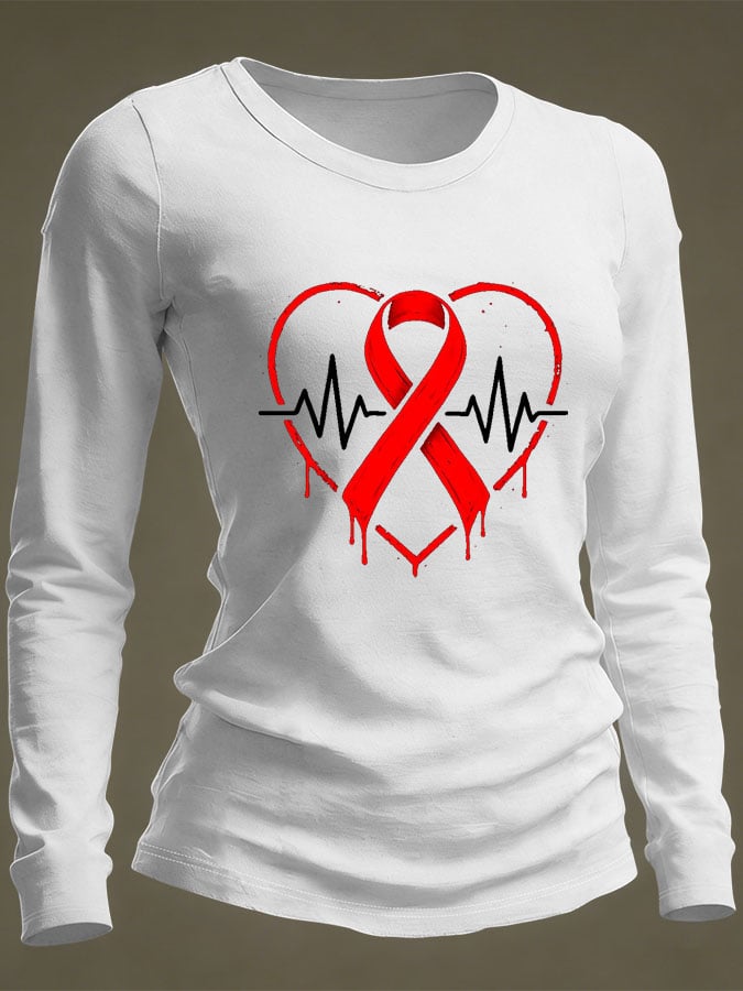 Women's Casual Heart Disease Awareness Print Long-Sleeve T-Shirt