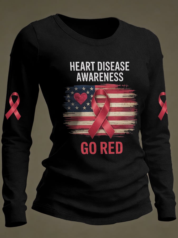 Women's Casual Heart Disease Awareness Print Long-Sleeve T-Shirt