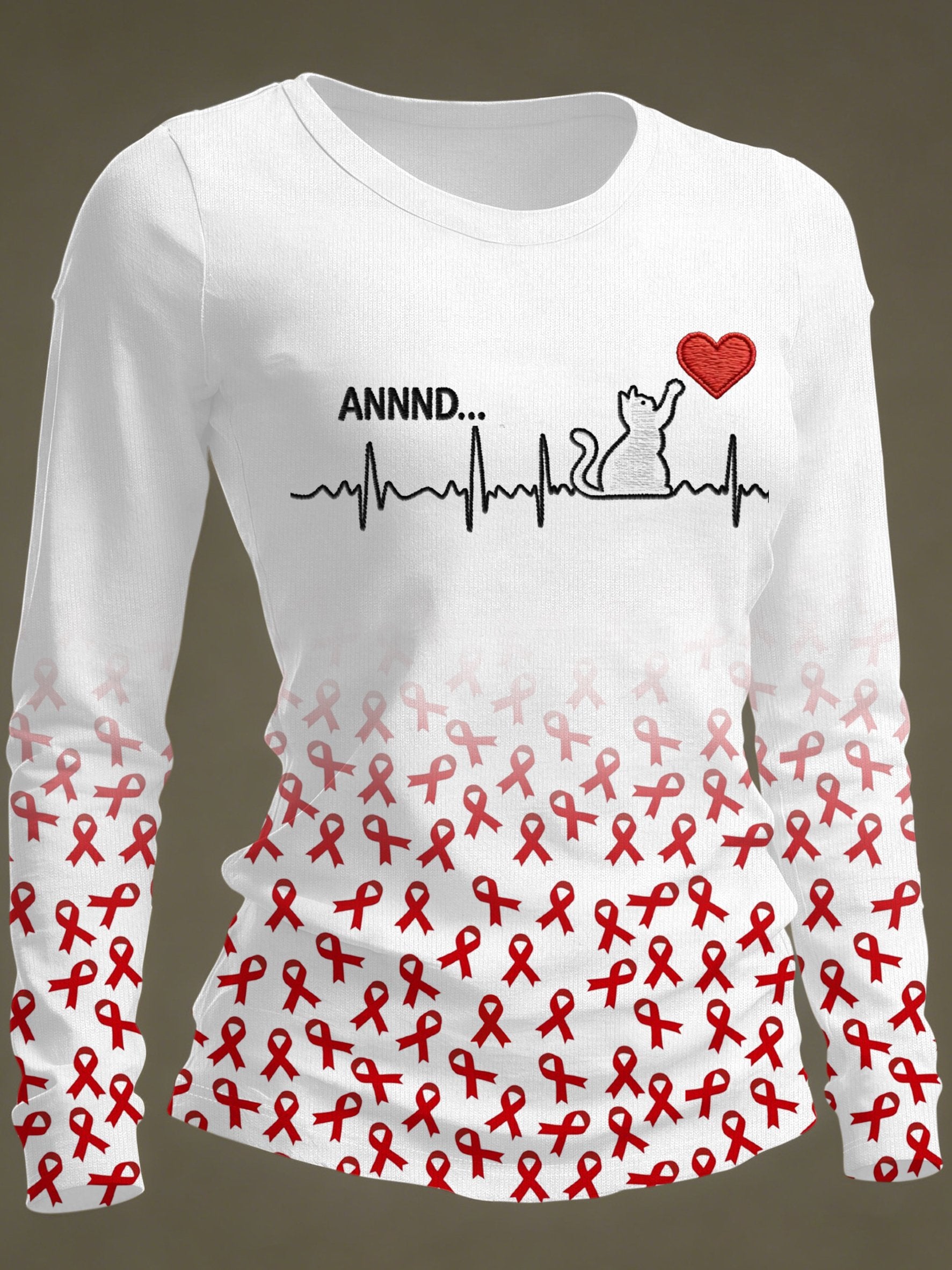 Women's Casual Heart Disease Awareness Print Long-Sleeve T-Shirt