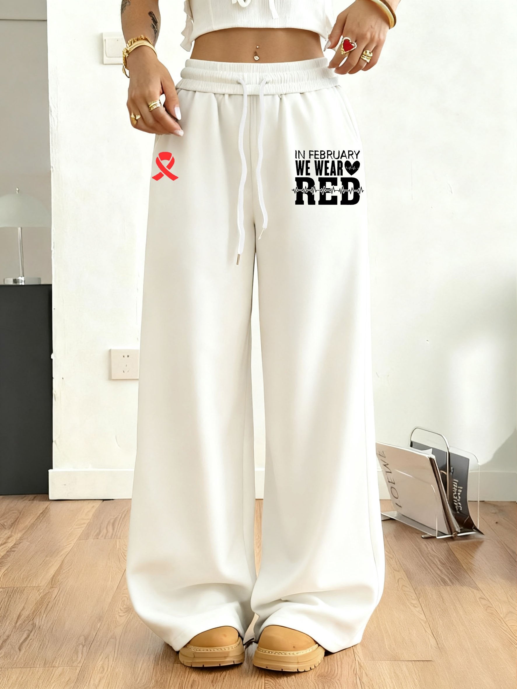 Women's Heart Disease Awareness Print Casual Trousers