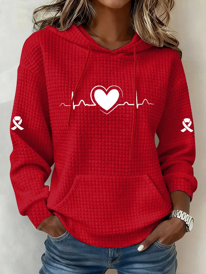 Women's Heart Disease Awareness Printed Square Hooded Sweatshirt