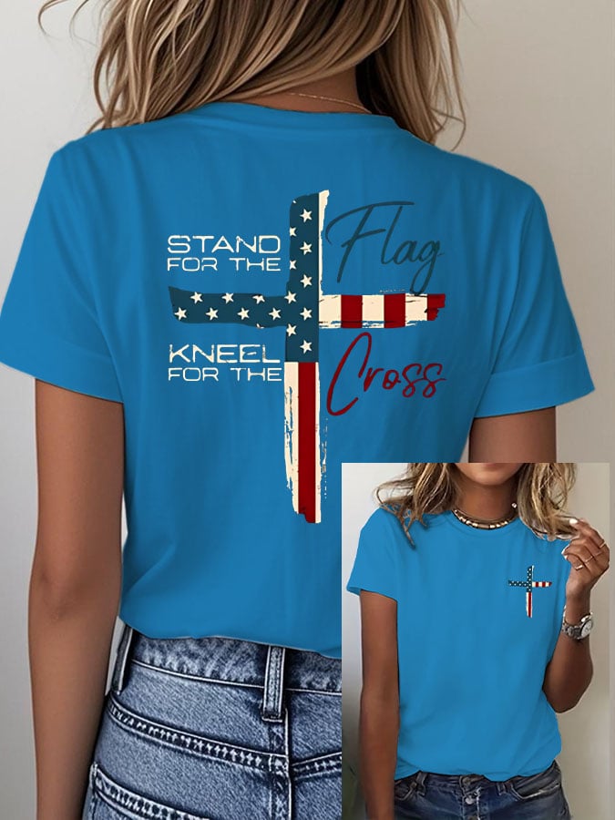 Women's Stand For The Flag Kneel For The Cross Printed Casual T-Shirt