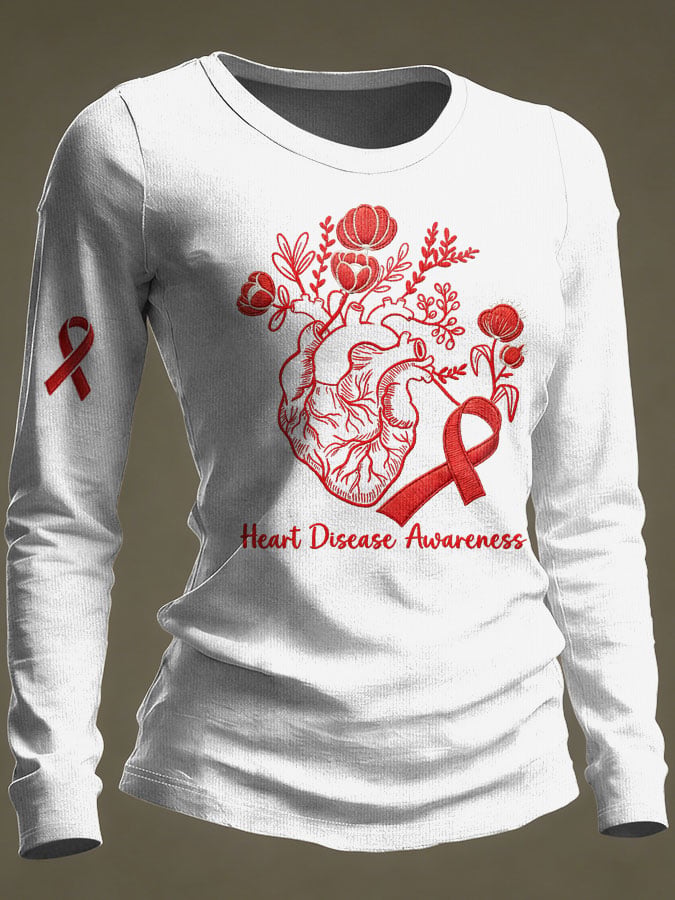 Women's Casual Heart Disease Awareness Print Long-Sleeve T-Shirt