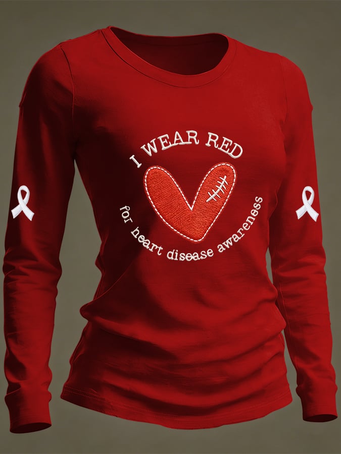 Women's Casual Heart Disease Awareness Print Long-Sleeve T-Shirt
