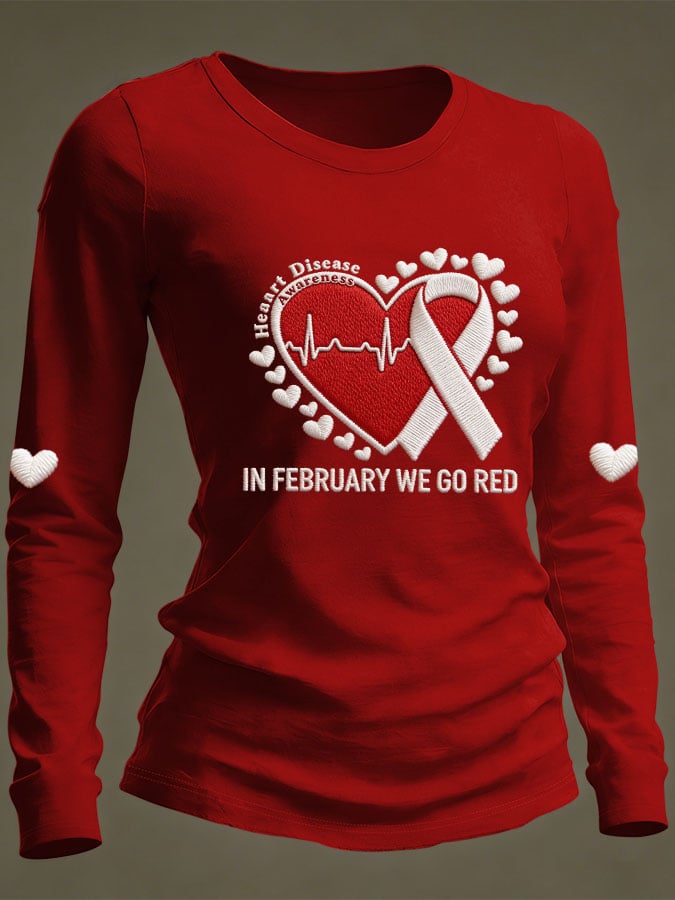 Women's Casual Heart Disease Awareness Print Long-Sleeve T-Shirt