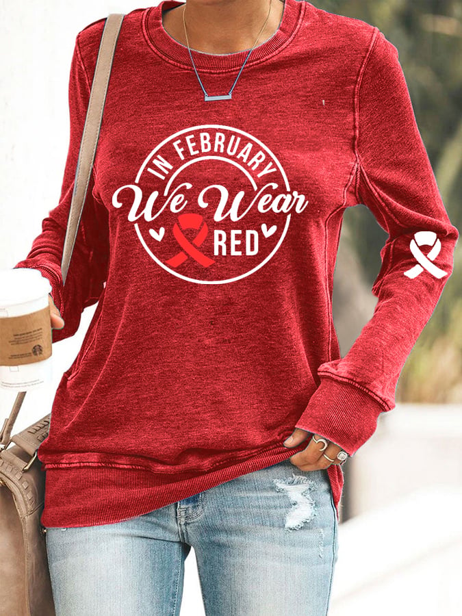 Women's Casual Heart Disease Awareness Printed Sweatshirt