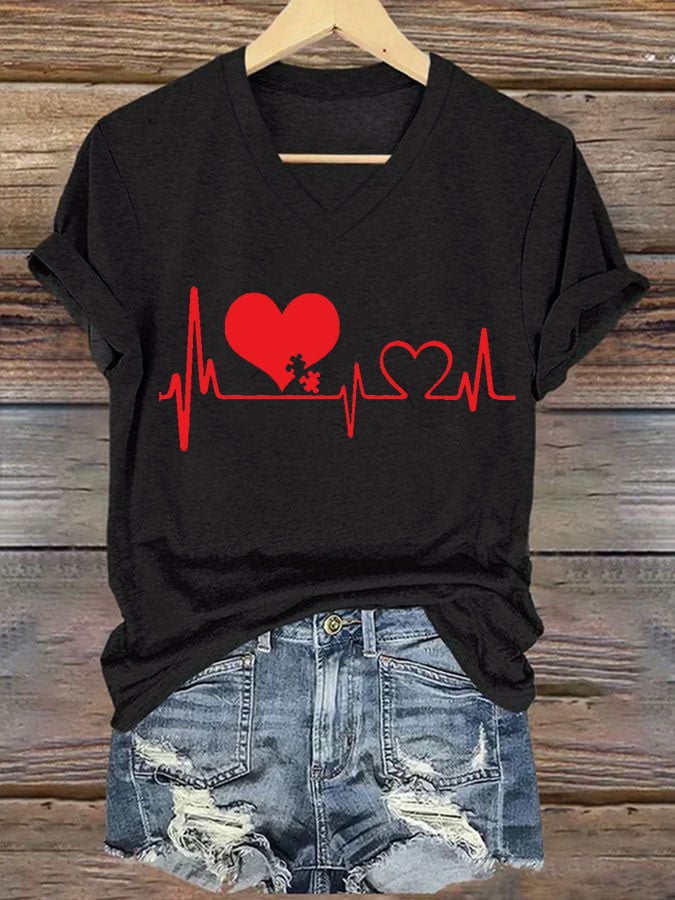 Women's Casual Heart Disease Awareness Printed Short-Sleeve T-Shirt