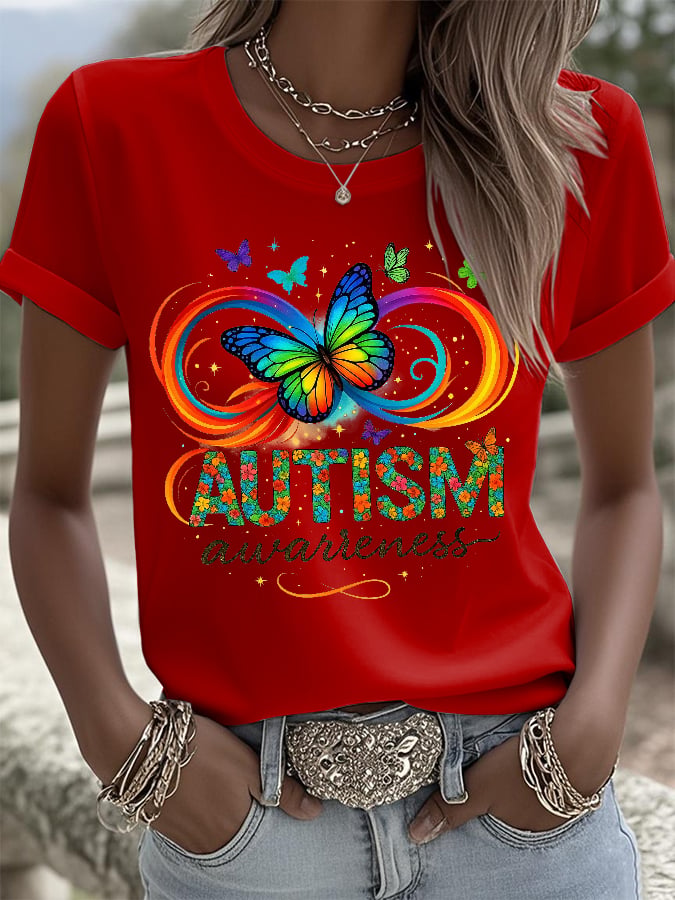 Retro Autism Awareness Butterfly Infinity Print T-Shirt