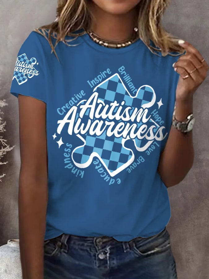 Retro Autism Awareness Creative Inspire Brilliant Hope Love Brave Educate Kindness Print T-Shirt