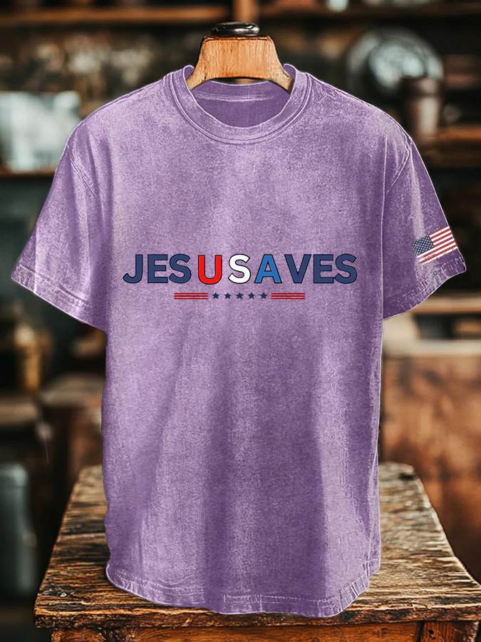 Men's Vintage USA Jesus Saves Printed Round Neck T-Shirt