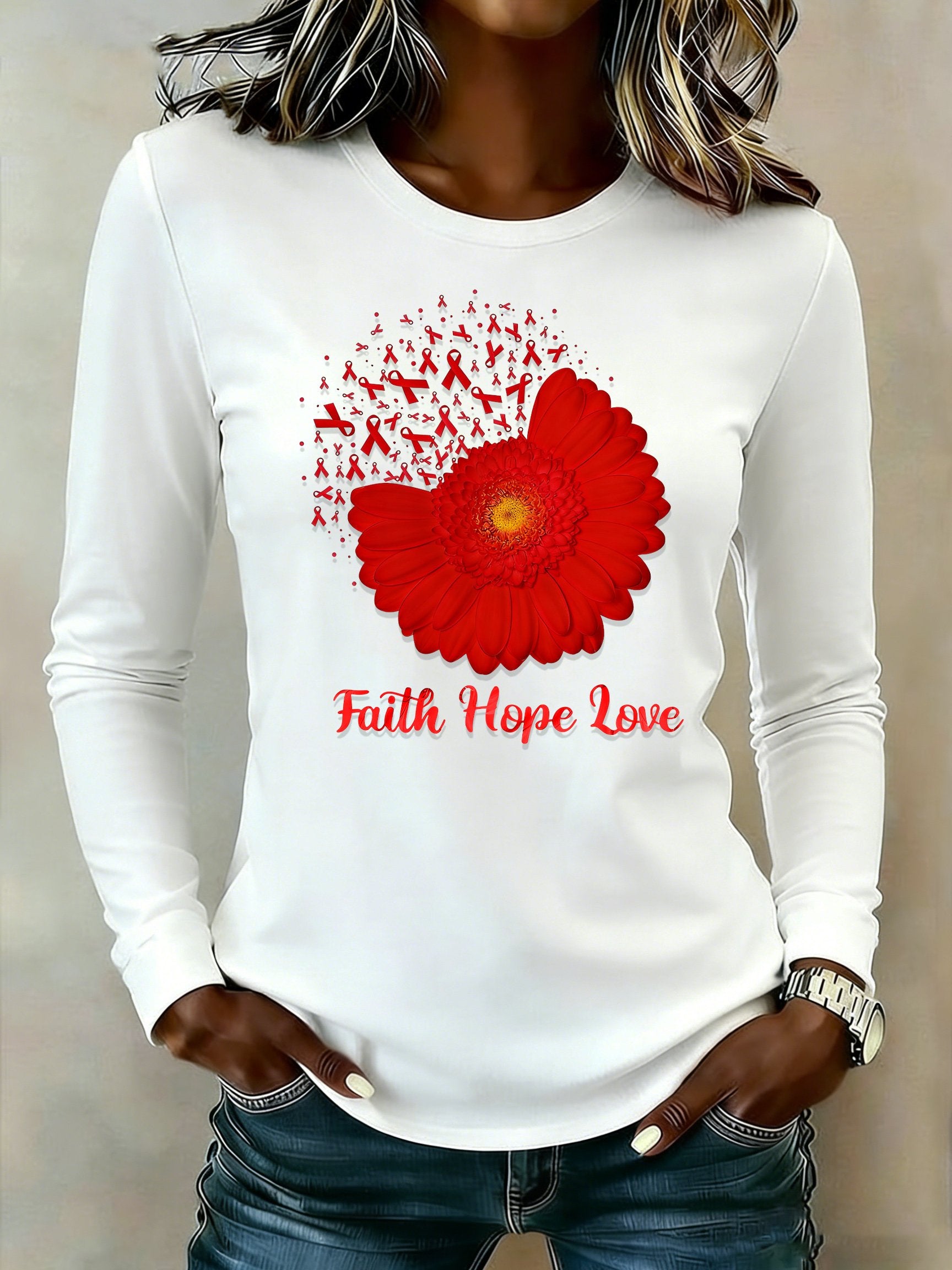 Women's casual long-sleeved T-shirt for heart disease awareness