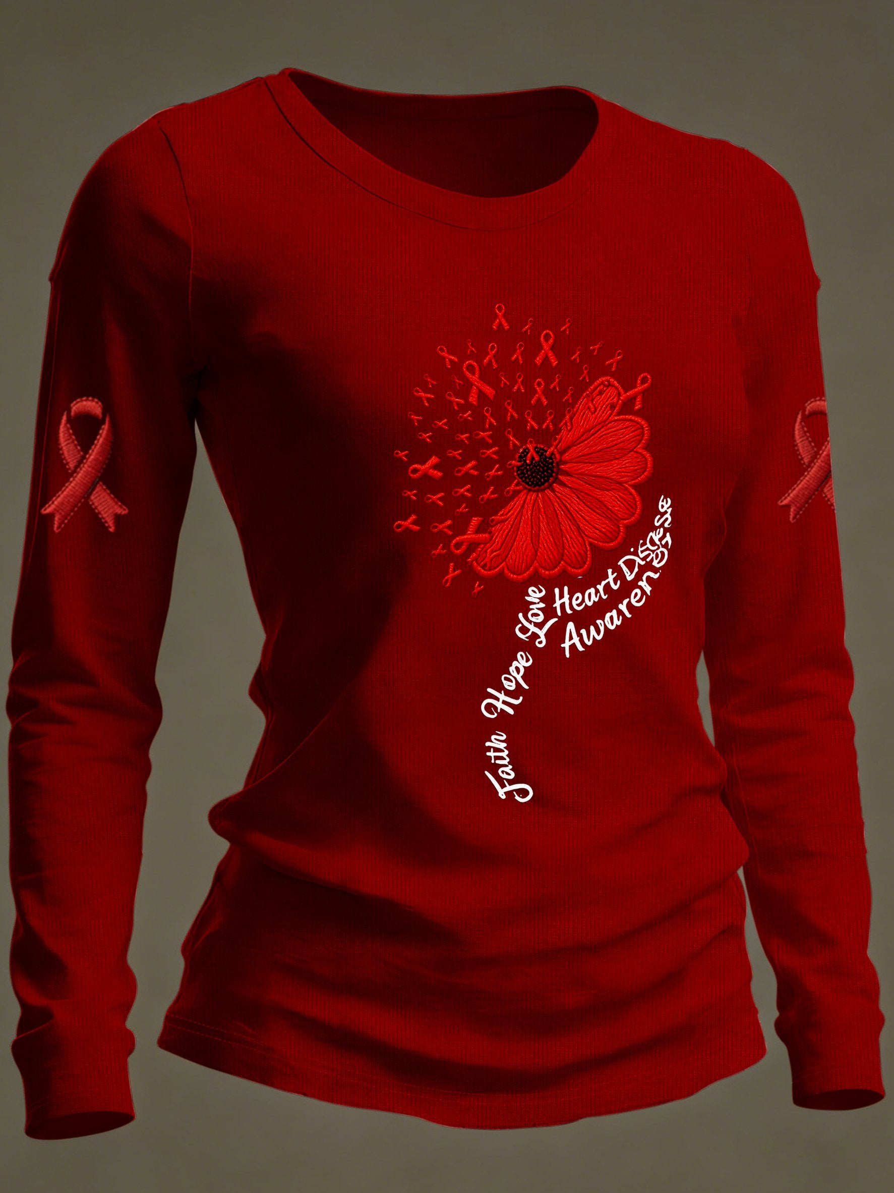 Women's Casual Heart Disease Awareness Print Long-Sleeve T-Shirt