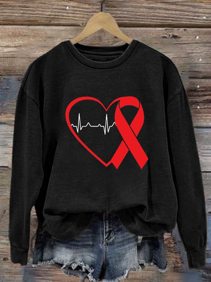 Women's Casual Heart Disease Awareness In February Wear Red Printed Long-Sleeve Sweatshirt