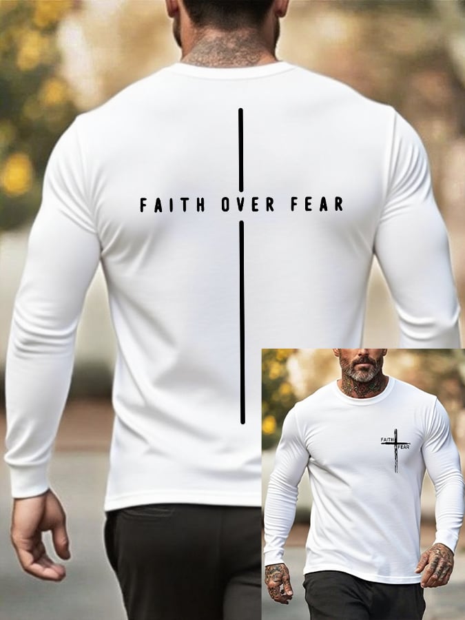 Men's Retro Faith Cross "Faith Over Fear" Print Crew Neck T-Shirt