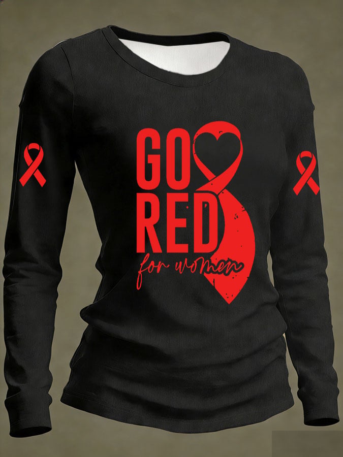 Women's Casual Heart Disease Awareness Print Long-Sleeve T-Shirt