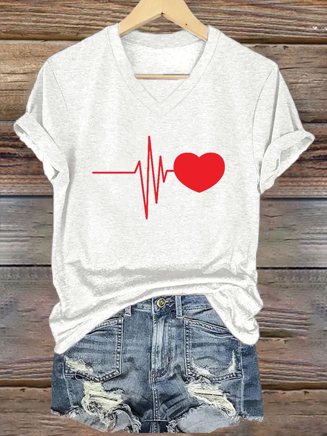 Women's Casual Heart Disease Awareness Printed Short-Sleeve T-Shirt