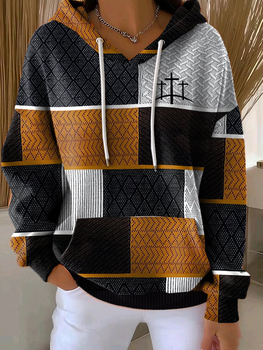 Women's Casual Autumn Faith Contrast Color Square Striped Cardigan Hoodie