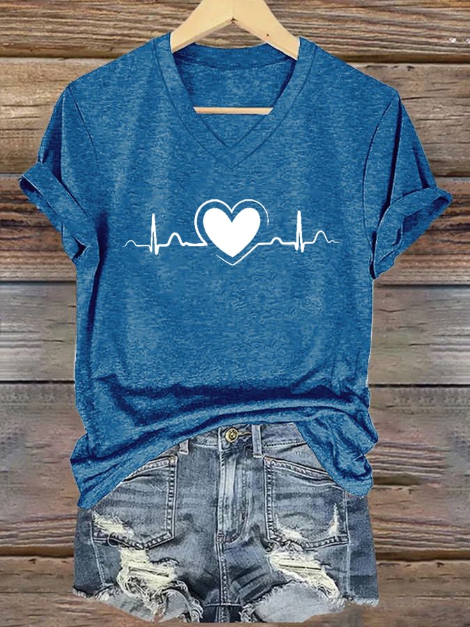 Women's Casual Heart Disease Awareness Printed Short-Sleeve T-Shirt