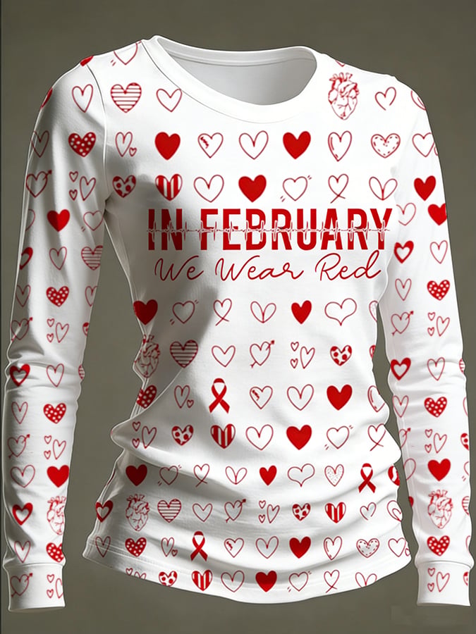 Women's Casual Heart Disease Awareness Print Long-Sleeve T-Shirt