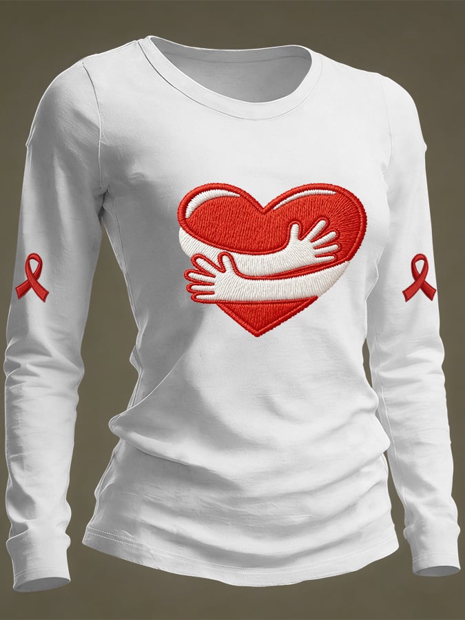 Women's Casual Heart Disease Awareness Print Long-Sleeve T-Shirt