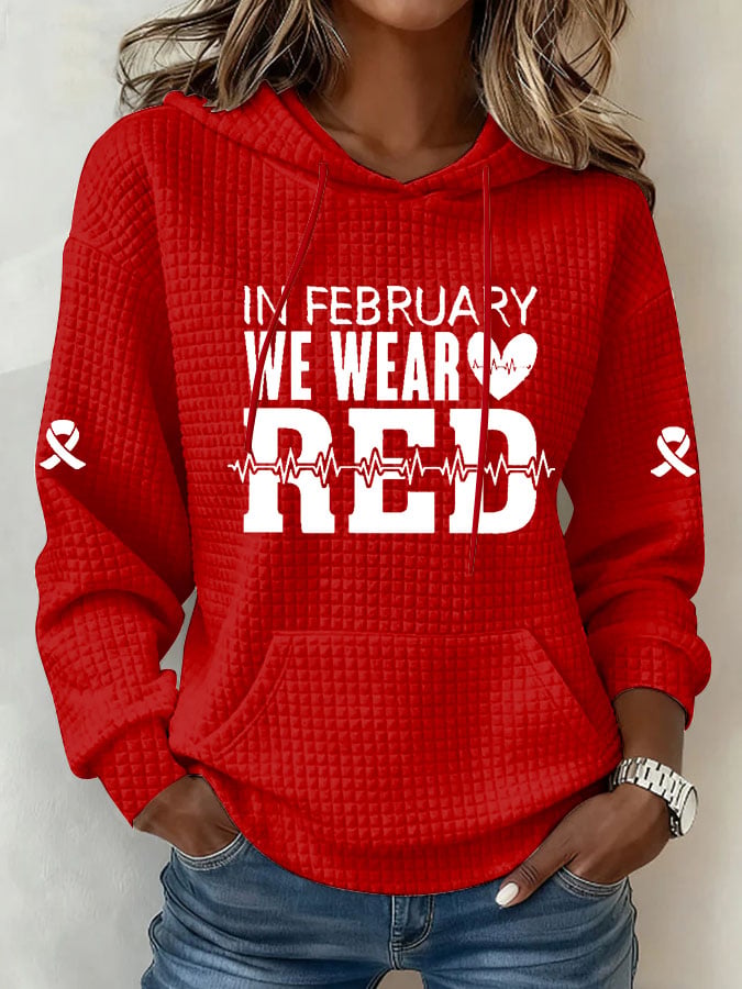 Women's Heart Disease Awareness Printed Square Hooded Sweatshirt