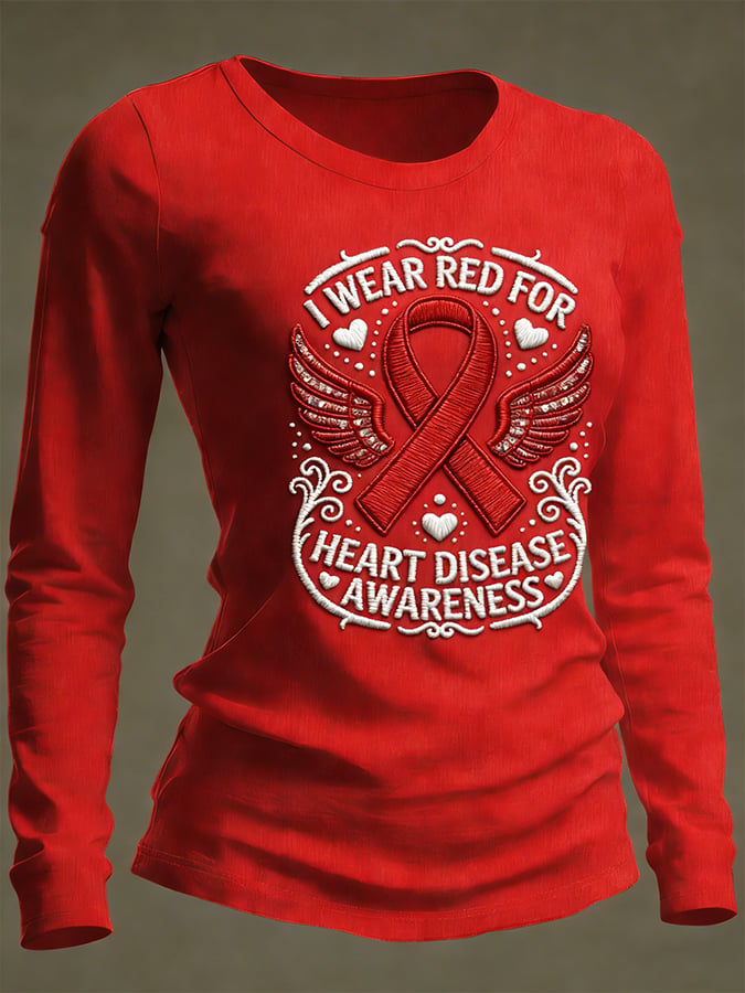 Women's Casual Heart Disease Awareness Print Long-Sleeve T-Shirt
