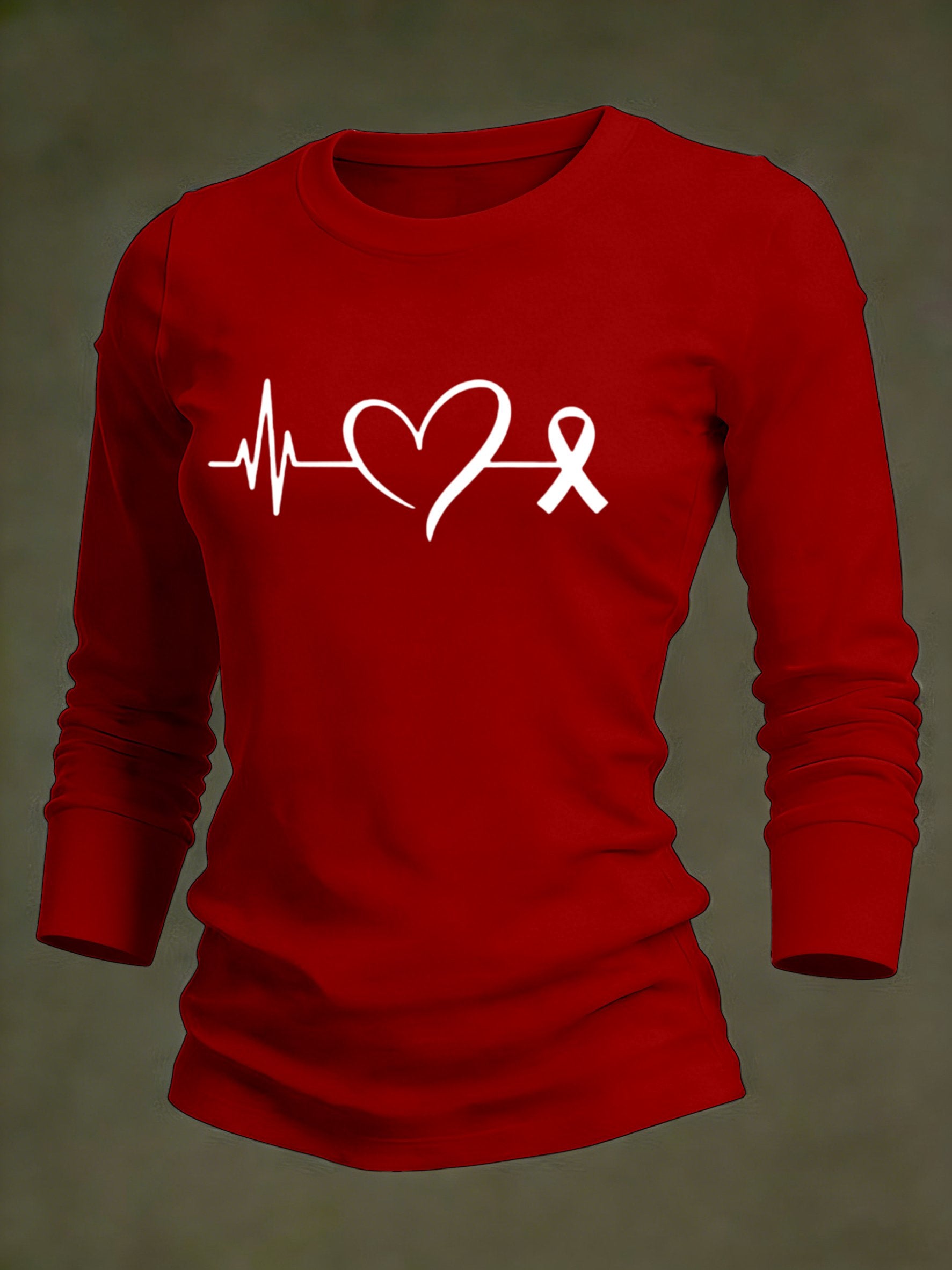Women's Casual Heart Disease Awareness Print Long-Sleeve T-Shirt
