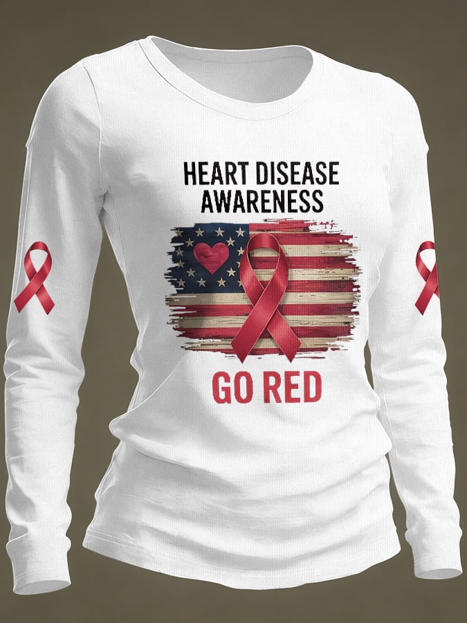 Women's Casual Heart Disease Awareness Print Long-Sleeve T-Shirt