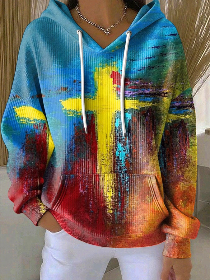 Women's Casual Retro Contrast Color Block Faith Hoodie
