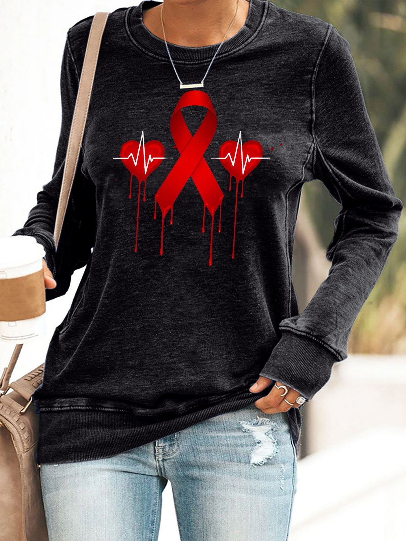 Women's Casual Heart Disease Awareness Printed Sweatshirt