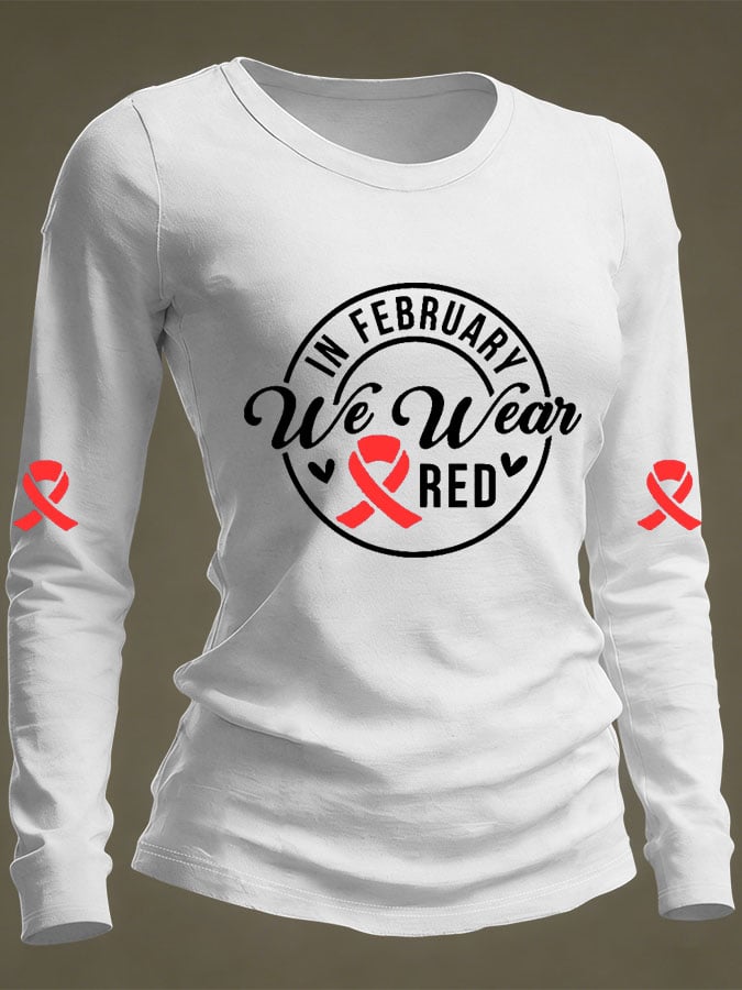 Women's Casual Heart Disease Awareness Print Long-Sleeve T-Shirt