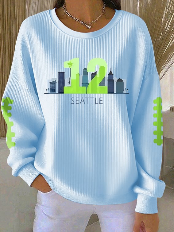 Women's Rugby Print Knit Crew Neck Long Sleeve Top