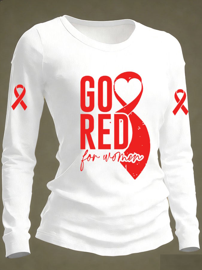Women's Casual Heart Disease Awareness Print Long-Sleeve T-Shirt