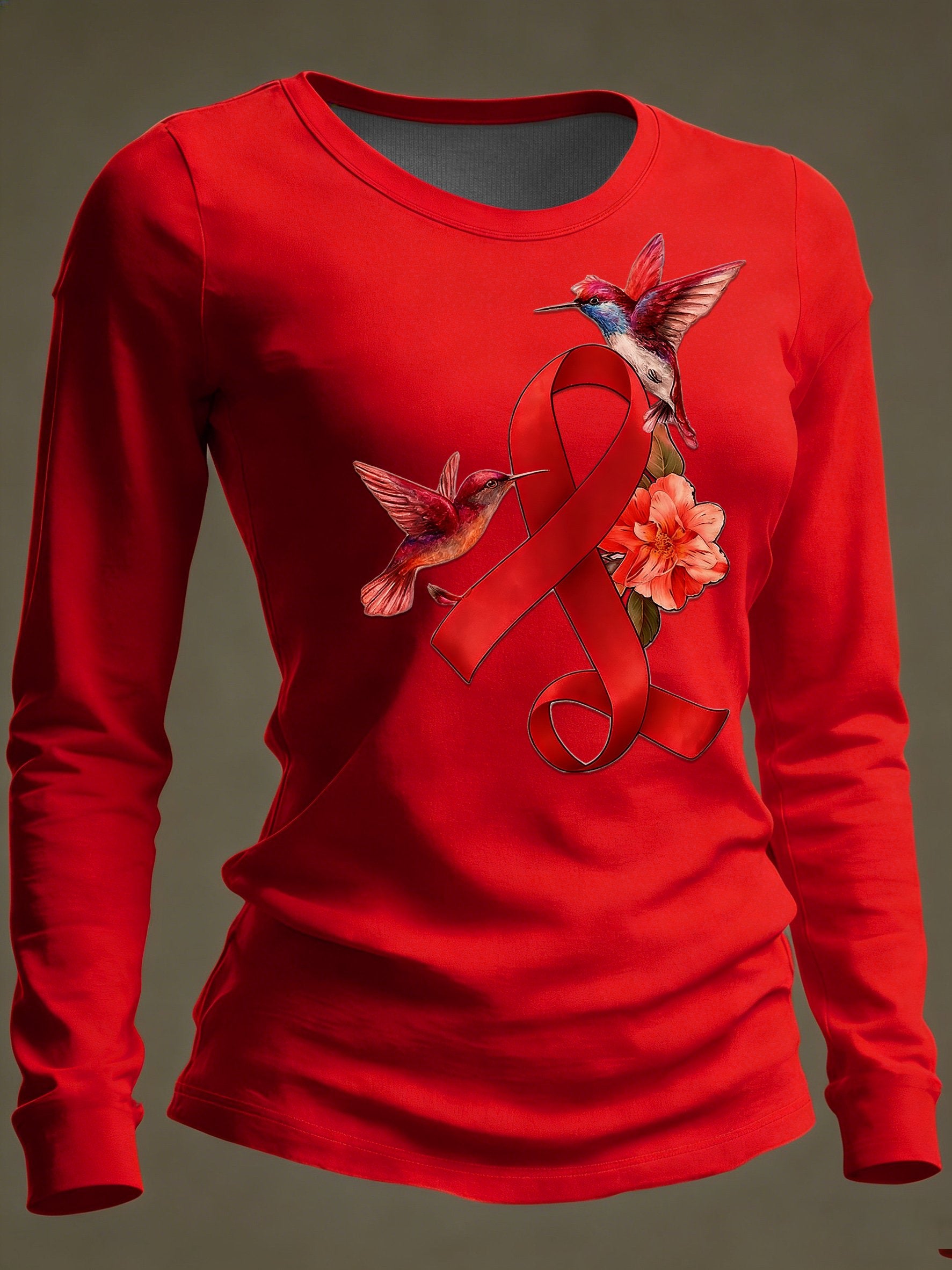 Women's Casual Heart Disease Awareness Print Long-Sleeve T-Shirt