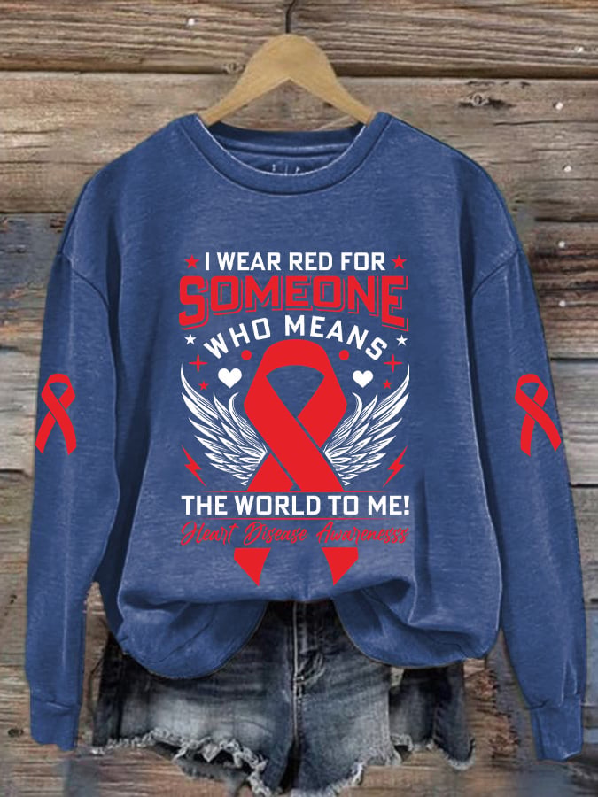 Women's Casual Heart Disease Awareness In February Wear Red Printed Long-Sleeve Sweatshirt