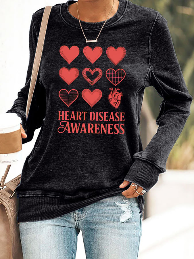 Women's Casual Heart Disease Awareness Printed Sweatshirt