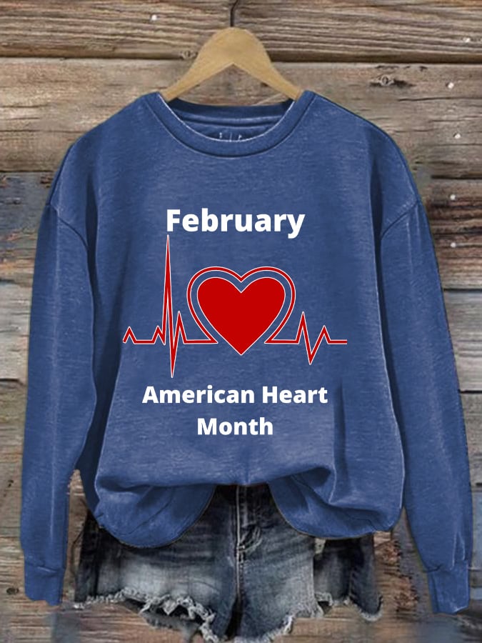 Women's Casual Heart Disease Awareness In February Wear Red Printed Long-Sleeve Sweatshirt