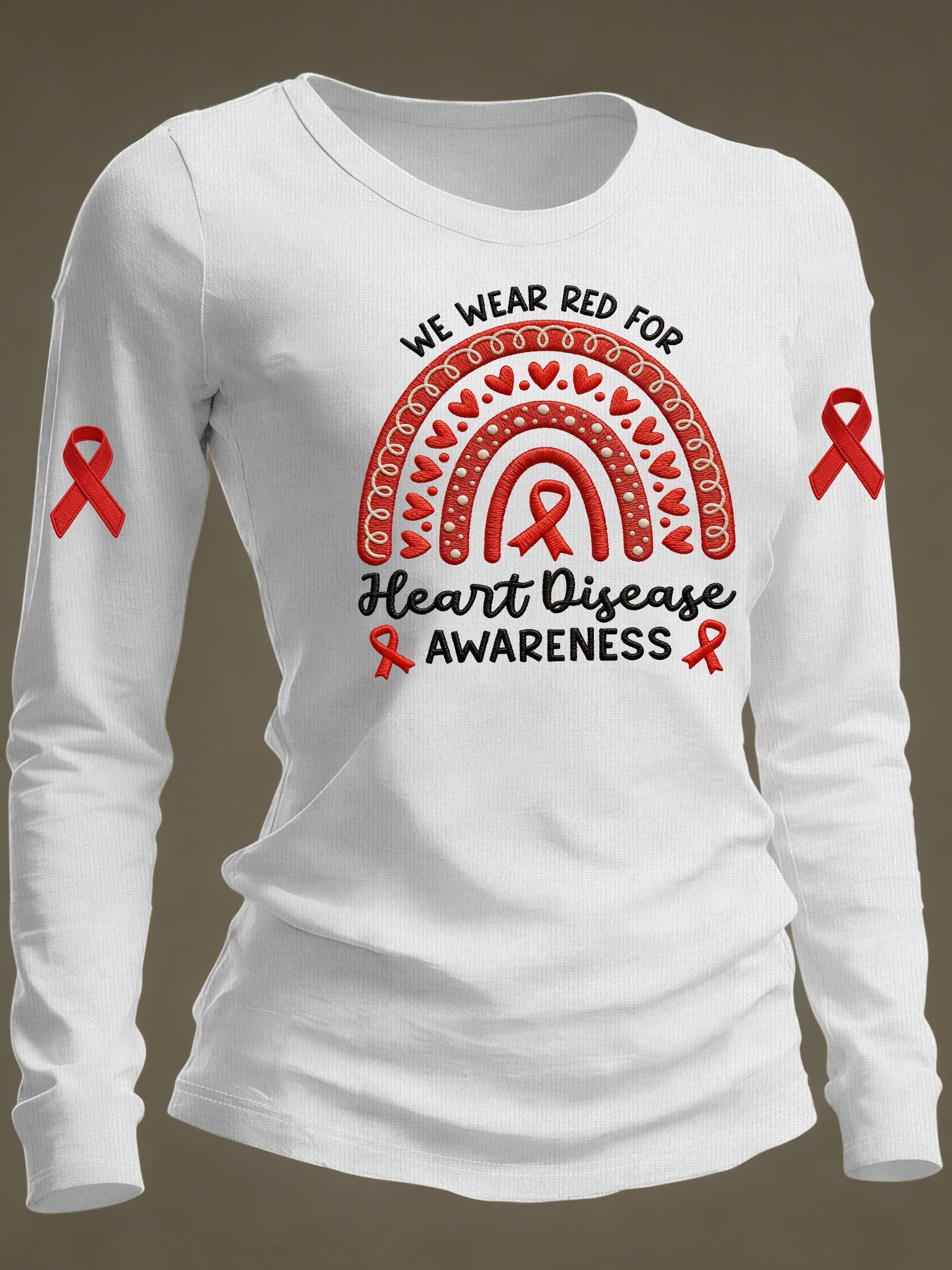 Women's Casual Heart Disease Awareness Print Long-Sleeve T-Shirt