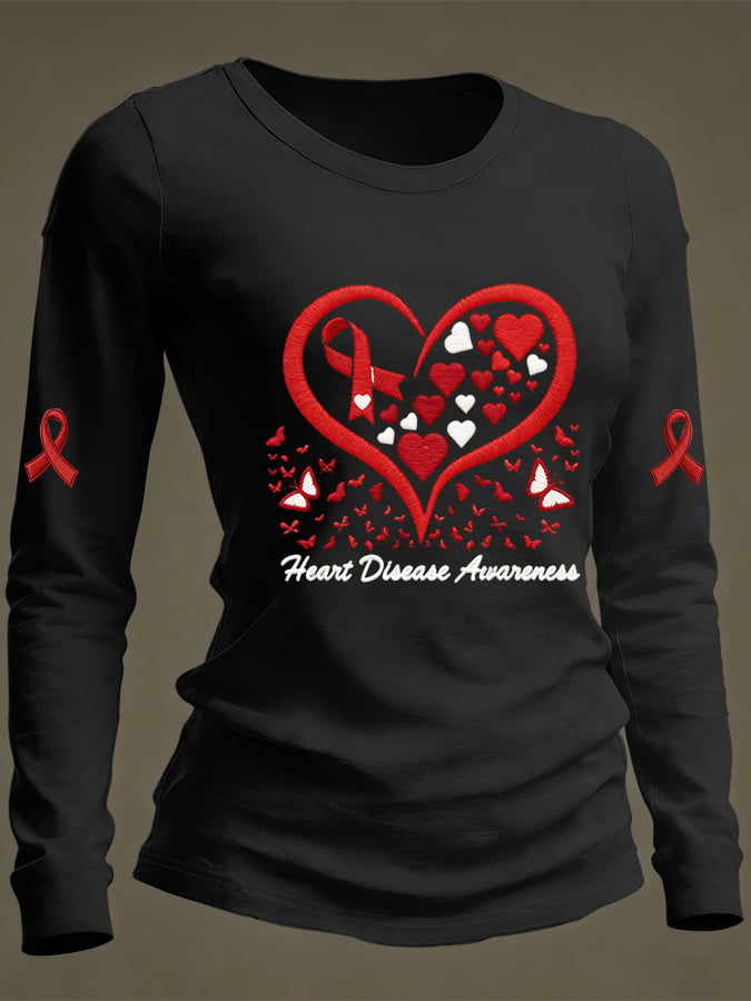 Women's Casual Heart Disease Awareness Print Long-Sleeve T-Shirt
