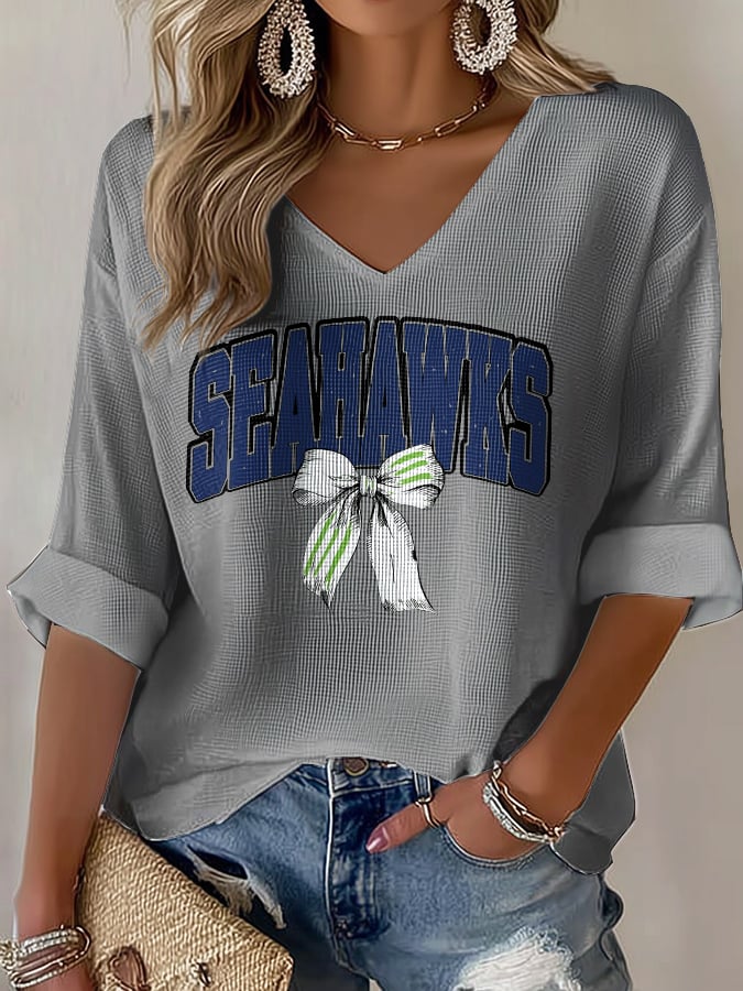 Women's Rugby Print Waffle Long Sleeve T-Shirt