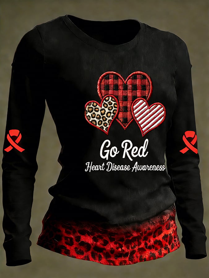Women's Casual Heart Disease Awareness Print Long-Sleeve T-Shirt
