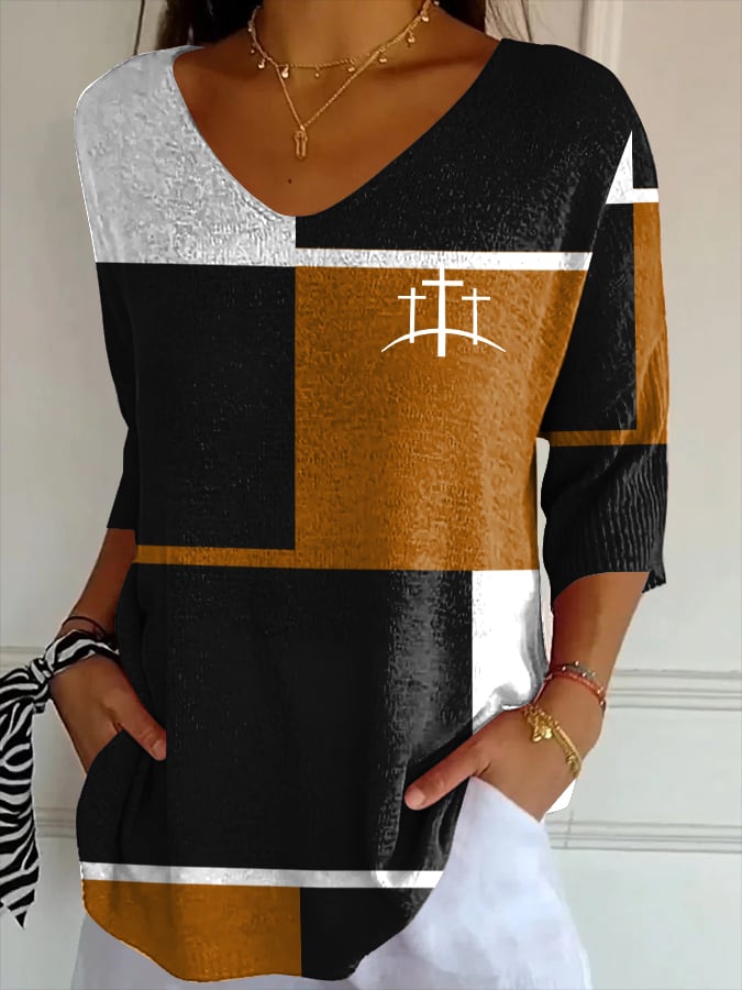 Women's Casual Retro Contrast Color Square Faith Striped T-Shirt