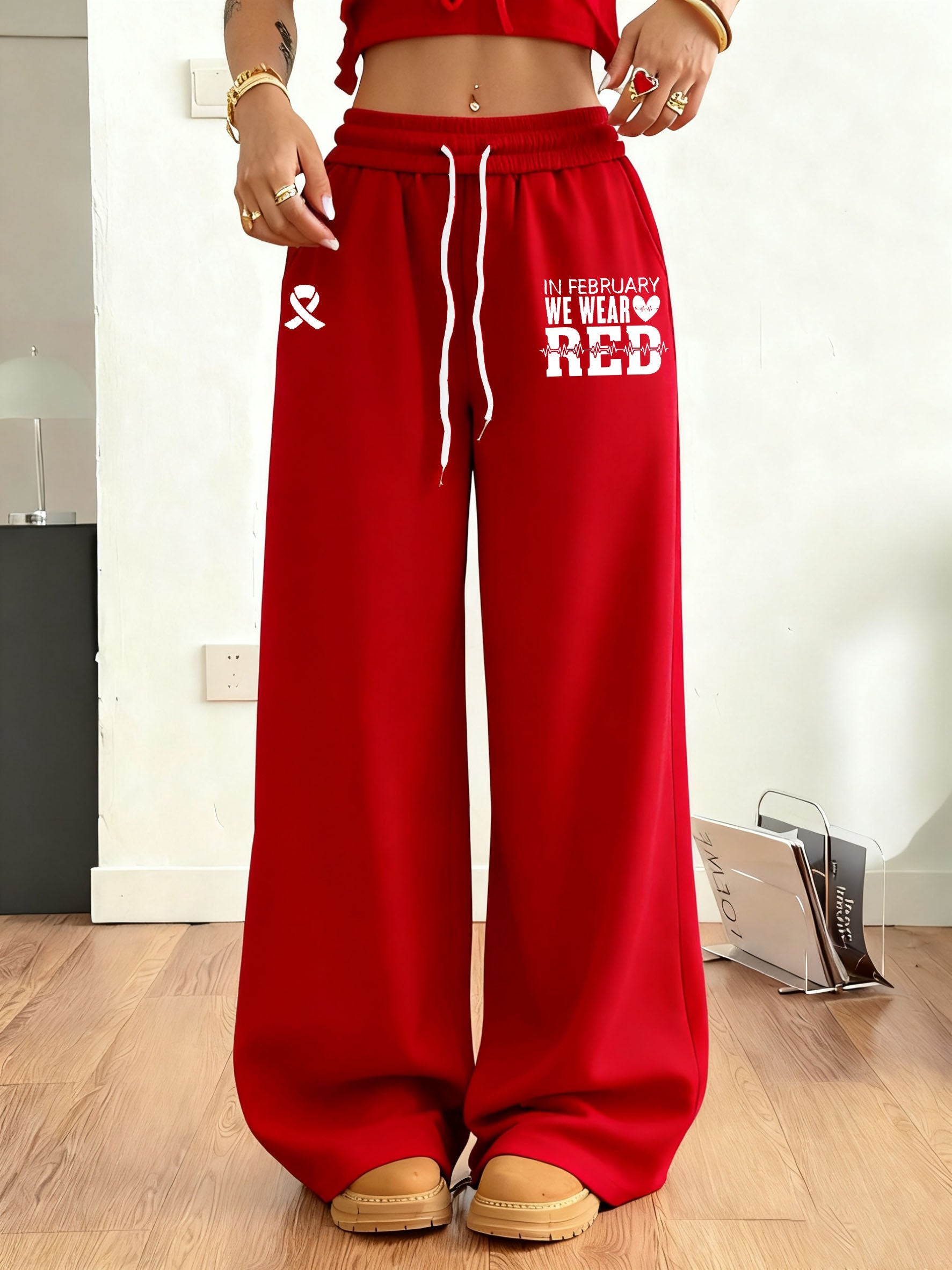 Women's Heart Disease Awareness Print Casual Trousers