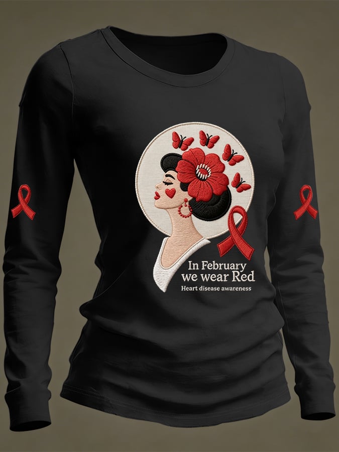 Women's Casual Heart Disease Awareness Print Long-Sleeve T-Shirt