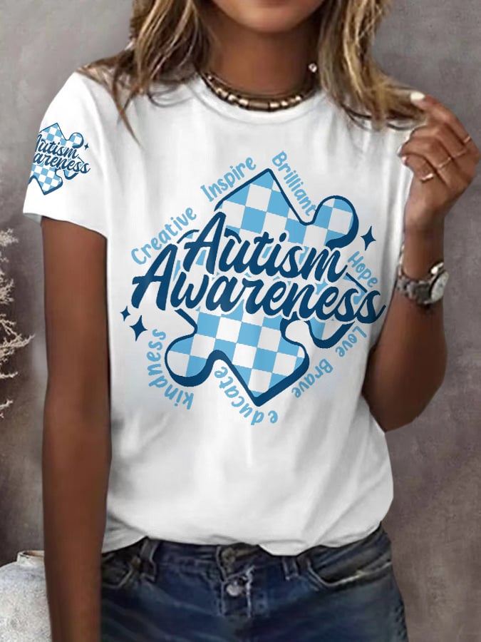 Retro Autism Awareness Creative Inspire Brilliant Hope Love Brave Educate Kindness Print T-Shirt
